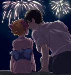  1boy 1girl black_hair blush bow fireworks gekkan_shoujo_nozaki-kun hair_bow hetero incipient_kiss japanese_clothes kimono maruki_(punchiki) night night_sky nozaki_umetarou orange_hair sakura_chiyo short_hair sky yukata 