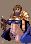  1girl abs blush breasts brown_background brown_hair cape dated garen_crownguard genderswap gloves keikihei league_of_legends mole muscle navel short_hair shoulder_pads signature simple_background solo sword violet_eyes weapon 