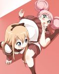  2girls all_fours baka_neko black_legwear blonde_hair blue_eyes blush bow hair_bobbles hair_bow hair_ornament kneehighs lying multiple_girls on_back open_mouth pink_hair school_uniform serafuku sexually_suggestive toshinou_kyouko yoshikawa_chinatsu yuru_yuri 