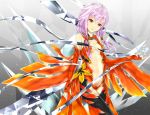  1girl bare_shoulders black_legwear breasts center_opening cleavage detached_sleeves elbow_gloves fingerless_gloves gloves hair_ornament hairclip long_hair looking_at_viewer navel pink_hair red_eyes smile solo suy_922 thigh-highs twintails yuzuriha_inori 