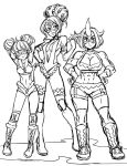  3girls abs boots breasts cleavage double_bun elbow_gloves fingerless_gloves gloves hands_on_hips height_difference horn mariel_cartwright midriff monochrome multiple_girls muscle navel original short_hair simple_background sketch smile white_background wrestling_mask wrestling_outfit 