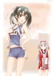  2girls bare_legs bare_shoulders basket brown_eyes grey_hair gym_uniform hand_on_hip headband jacket jersey kantai_collection looking_at_viewer midriff multiple_girls navel open_clothes open_jacket shirt_tug shorts shoukaku_(kantai_collection) silver_hair sun_hoshi towel track_jacket twintails twitter_username zuikaku_(kantai_collection) 