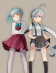  2girls :d ahoge black_legwear blouse blue_bow bow bowtie comah cosplay costume_switch crossed_arms frilled_skirt frills frown gradient_hair grey_background grey_eyes grey_legwear grey_skirt hair_bow kantai_collection kasumi_(kantai_collection) kasumi_(kantai_collection)_(cosplay) kiyoshimo_(kantai_collection) kiyoshimo_(kantai_collection)_(cosplay) kneehighs long_sleeves looking_at_viewer low_twintails multicolored_hair multiple_girls open_mouth pantyhose pleated_skirt purple_skirt school_uniform side-by-side side_ponytail silver_hair simple_background skirt skirt_lift smile suspenders twintails yellow_bow yellow_eyes 