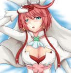  1girl blue_eyes blush bracelet breasts cleavage cleavage_cutout clover earrings elphelt four-leaf_clover gloves guilty_gear guilty_gear_xrd hat jewelry large_breasts pink_hair pura-tabu short_hair solo spiked_bracelet spikes 