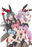  &gt;:) 5girls :d ;d animal_ears aqua_hair black_hair black_legwear blue_eyes bow breasts bunny_tail bunnysuit card card_(medium) cleavage detached_collar fake_animal_ears girl_sandwich goutokuji_kayo green_eyes gun hair_over_one_eye hairband heart high_heels high_ponytail hug kasugano_urara_(sabagebu!) kyoudou_maya long_hair mole multiple_girls mutual_hug official_art one_eye_closed ootori_miou open_mouth pantyhose pink_hair playing_card purple_hair rabbit_ears red_eyes sabagebu! sandwiched short_hair smile sonokawa_momoka tail v violet_eyes weapon wrist_cuffs 