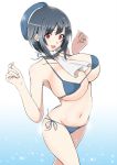  1girl bare_shoulders bikini black_hair blue_bikini breasts collar hat highres kantai_collection large_breasts looking_at_viewer navel open_mouth red_eyes sakamoto_(shouten) short_hair side-tie_bikini smile solo swimsuit takao_(kantai_collection) 