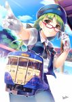  1girl glasses gloves green_hair hat long_hair looking_at_viewer low-tied_long_hair low_ponytail original red-framed_glasses shoken_narai smile solo train uniform vest whistle white_gloves yellow_eyes 