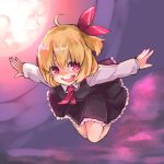  1girl :d blonde_hair full_moon hair_ribbon highres kanabun looking_at_viewer moon necktie open_mouth outstretched_arms red_eyes ribbon rumia short_hair smile solo spread_arms touhou 