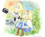  2girls alice_margatroid artist_request blue_eyes blush boots capelet couple cross-laced_footwear hairband kirisame_marisa multiple_girls open_mouth sitting telescope touhou yellow_eyes 