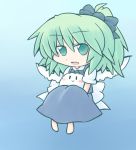  1girl 216 :&gt; :d barefoot blue_background blush bow chibi daiyousei eyebrows_visible_through_hair fairy_wings full_body gradient gradient_background green_eyes green_hair hair_bow kedama large_bow looking_at_viewer open_mouth shirt short_hair side_ponytail sitting sitting_on_lap sitting_on_person skirt skirt_set smile touhou vest white_shirt wings |_| 