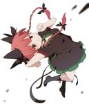  1girl animal_ears black_dress boots bow braid breasts cat_ears cat_tail cross-laced_footwear dress extra_ears hair_ribbon kaenbyou_rin knee_boots lace-up_boots long_hair looking_at_viewer multiple_tails open_mouth pointy_ears red_eyes redhead ribbon shirt short_sleeves simple_background skirt skirt_set smile solo tail touhou twin_braids white_background yukihiko_(sky_sleep) 