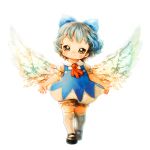  1girl alternate_wings angel_wings ascot bloomers blue_dress blue_hair bow child cirno commentary dress grey_eyes hair_bow ice ice_wings puffy_short_sleeves puffy_sleeves shirt short_sleeves silver_hair smile solo souri touhou underwear walking wings 