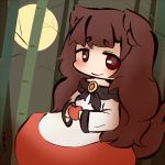  1girl animal_ears apple bamboo bamboo_forest blush brown_hair food forest fruit full_moon imaizumi_kagerou inunoko. layered_dress long_hair long_sleeves looking_at_viewer moon nature red_apple red_eyes smile solo tail touhou wolf_ears wolf_tail 