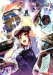  1girl :d gloves green_eyes hat looking_at_viewer open_mouth original pointing redhead shoken_narai short_hair smile solo train train_conductor uniform white_gloves 