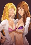  2girls :3 absurdres blonde_hair bra brown_eyes brown_hair crossed_arms eye_contact hand_on_hip highres lips long_hair looking_at_another mugino_shizuri multiple_girls navel open_clothes open_shirt pink_bra purple_bra shokuhou_misaki smile tani_(sgt_epper) to_aru_kagaku_no_railgun to_aru_majutsu_no_index underwear yellow_eyes 