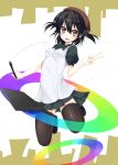  1girl :d black_hair black_legwear casual east01_06 hat holding jumping looking_at_viewer open_mouth original pen pleated_skirt red_eyes skirt smile solo tablet thigh-highs two_side_up v 