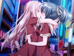  2girls arms_around_neck blush couple game_cg green_hair hair_ribbon hug incipient_kiss long_hair multiple_girls peko pink_hair ponytail ribbon shinozaki_rikka shiny shirakawa_sayuki sono_hanabira_ni_kuchizuke_wo surprised yuri 