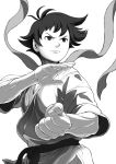  1girl choker dougi fighting_stance greyscale makoto_(street_fighter) monochrome ribbon_choker short_hair solo street_fighter tomboy yamamiya_hiroshi 