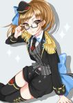  1girl adjusting_glasses arm_support belt bow brown_eyes brown_hair epaulettes fringe glasses hat long_hair looking_at_viewer minami_mirei necktie open_mouth ponytail puri_para shorts sitting smile solo thigh-highs vest 