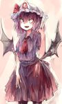  1girl :d ascot ashiyama_yoshinori bat_wings belt black_eyes black_legwear blush cosplay fangs frills hat hat_ribbon lavender_hair mob_cap open_mouth pantyhose pink_background puffy_short_sleeves puffy_sleeves remilia_scarlet ribbon saigyouji_yuyuko_(cosplay) short_hair short_sleeves skirt slit_pupils smile solo touhou wings 