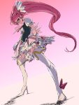  1girl aino_megumi boots cure_lovely hair_ornament happinesscharge_precure! heart_hair_ornament highres long_hair magical_girl motoki_(hisano_motoki) pink_background pink_eyes pink_hair pink_skirt precure skirt solo standing thigh-highs thigh_boots very_long_hair white_legwear 