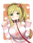  1girl absurdres animal_ears blush breasts cleavage collar dog_collar dog_ears erect_nipples fake_animal_ears fang_out green_eyes highres hood hoodie inuyama_aoi large_breasts long_sleeves no_bra paw_background paw_pose paw_print side_ponytail smile solo striped thick_eyebrows unzipped upper_body voids yurucamp 