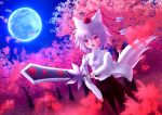  1girl animal_ears autumn_leaves bare_shoulders blush breasts detached_sleeves epichurosu fang forest full_moon hat highres holding_sword inubashiri_momiji leaf looking_at_viewer moon nature open_mouth pom_pom_(clothes) red_eyes scenery short_hair silver_hair sky solo star star_(sky) starry_sky sword tail tokin_hat touhou tree weapon wolf_ears wolf_tail 