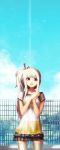  1girl clouds cowboy_shot fence hair_ornament hair_stick hands_together highres iris_(latale) jongmin latale long_hair long_image looking_at_viewer red_eyes side_ponytail skirt sky smile solo tall_image thigh-highs white_hair white_legwear 