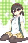  1girl :d black_hair black_legwear brown_eyes casual east01_06 hair_ornament hairclip hat highres looking_at_viewer open_mouth original plaid plaid_skirt pleated_skirt sitting skirt smile solo sweatdrop thigh-highs two_side_up vest zettai_ryouiki 