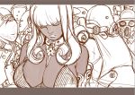  between_breasts breasts cleavage closed_eyes collar dark_skin facial_hair gas_mask kusagami_style large_breasts long_hair monochrome mustache original sketch white_background 