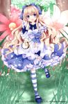  1girl alarm_clock alice_(wonderland) apron blonde_hair blue_dress blue_eyes bow clock dress flower full_body hair_bow kaku-san-sei_million_arthur long_hair maid_apron minigirl nanase_nao open_mouth rabbit smile solo standing_on_one_leg striped striped_legwear very_long_hair 