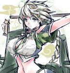  1girl antlers bare_shoulders braid breasts brown_eyes cleavage_cutout cloud_print flat_gaze hair_ornament kantai_collection large_breasts long_hair looking_at_viewer midriff navel outstretched_arm owju_(ouju) pleated_skirt short_sleeves silver_hair single_braid sketch skirt smile solo unryuu_(kantai_collection) very_long_hair wavy_hair 