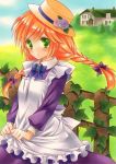 1girl anne_of_green_gables anne_shirley bow braid brown_hair building grass green_eyes hair_bow hair_ribbon hat kingin_shishou long_hair looking_at_viewer low_twintails marker_(medium) ribbon solo traditional_media twin_braids twintails 