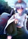  1girl akabeko_(ku-enn) animal_ears bare_shoulders blush breasts detached_sleeves forest hat inubashiri_momiji looking_at_viewer midriff nature pom_pom_(clothes) red_eyes shield short_hair silver_hair sitting sky solo sword tokin_hat touhou weapon 