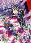  1girl black_hair flower japanese_clothes kimono kingin_shishou long_hair looking_at_viewer marker_(medium) original parted_lips solo traditional_media violet_eyes 