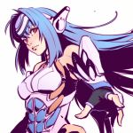  1girl android bare_shoulders black_gloves blue_hair bust fingerless_gloves gloves ilya_kuvshinov kos-mos lips long_hair red_eyes solo white_background xenosaga 