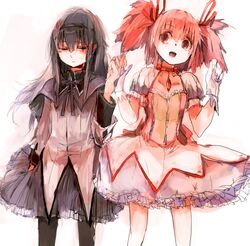  2girls akemi_homura ashiyama_yoshinori black_hair black_legwear blush bubble_skirt choker closed_eyes collarbone frills gloves hairband holding_hands kaname_madoka long_hair magical_girl mahou_shoujo_madoka_magica multiple_girls open_mouth pantyhose pink_eyes pink_hair puffy_short_sleeves puffy_sleeves purple_ribbon ribbon short_sleeves skirt smile twintails white_gloves white_skirt 