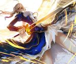  1girl ahoge blonde_hair dress excalibur fate/stay_night fate_(series) green_eyes juliet_sleeves long_hair long_sleeves no_legwear payot puffy_sleeves saber sixingcao solo sword weapon 