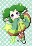  1girl blue_eyes cyonmage double_bun green green_background green_hair highres horns pointy_ears polka_dot polka_dot_background puyopuyo puyopuyo_fever rider_(puyopuyo) shoes short_hair skirt sleeves_past_wrists smile solo standing 