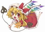  1girl :d blonde_hair chibi flandre_scarlet hat holding laevatein looking_at_viewer mob_cap open_mouth red_eyes smile solo suzuka_sario touhou 