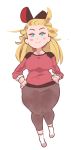  1girl blue_eyes blush_stickers bow bravely_default:_flying_fairy bravely_default_(series) breasts casual curvy edea_lee full_body hair_bow hands_on_hips inkerton-kun long_hair smile solo sweater thigh_gap wide_hips 