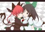  2girls :3 :o ahoge animal_ears arm_cannon black_dress black_hair bow braid breasts brown_hair bust cat_ears cat_tail collarbone cuddling dress extra_ears face-to-face hair_bow hair_ribbon hug huggle kaenbyou_rin long_hair looking_at_another multiple_girls multiple_tails one_eye_closed open_mouth pointy_ears puffy_short_sleeves puffy_sleeves red_eyes redhead reiuji_utsuho ribbon shirt short_sleeves smile tail third_eye touhou twin_braids weapon yukihiko_(sky_sleep) 