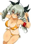  1girl anchovy aoi_manabu armband bikini blush breasts brown_eyes cleavage drill_hair girls_und_panzer hair_ribbon large_breasts long_hair orange_bikini ribbon side-tie_bikini silver_hair simple_background smile solo swimsuit tan tanline twin_drills twintails 