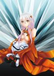  1girl bare_shoulders black_legwear breasts center_opening cleavage detached_sleeves elbow_gloves fingerless_gloves fyu-neru gloves guilty_crown hair_ornament hair_tubes hairclip long_hair looking_at_viewer open_mouth pink_hair red_eyes solo thigh-highs twintails yuzuriha_inori 
