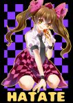  1girl :d brown_eyes brown_hair cellphone character_name checkered checkered_background checkered_skirt hair_ribbon hat head_tilt highres himekaidou_hatate holding long_hair looking_at_viewer necktie open_mouth phone ribbon sitting skirt smile solo suzuka_sario tokin_hat touhou twintails wristband 