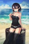 1girl arm_support asagiri_asagi bare_shoulders beach black_eyes black_hair breasts camisole cleavage doomfest food_in_mouth hair_between_eyes hair_ornament hairclip highres looking_at_viewer mouth_hold ocean phantom_kingdom popsicle short_shorts shorts sitting solo strap_slip thigh-highs 