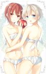 2girls angel_wings apple back blonde_hair blue_eyes blush brown_eyes brown_hair cinderella_bust collarbone food from_behind fruit hand_on_another&#039;s_hip highres kantai_collection multiple_girls navel open_mouth short_hair toosaka_asagi underwear underwear_only wings z1_leberecht_maass_(kantai_collection) z3_max_schultz_(kantai_collection) 
