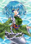  1girl blue_eyes blue_hair drill_hair head_fins japanese_clothes kimono kingin_shishou looking_at_viewer marker_(medium) mermaid monster_girl open_mouth solo touhou traditional_media wakasagihime 