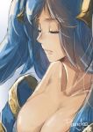  1girl bare_shoulders blue_hair breasts closed_eyes large_breasts league_of_legends long_hair sky_of_morika solo sona_buvelle twintails 