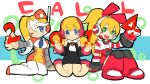  3girls blonde_hair blue_eyes blush_stickers call_(mighty_no._9) call_e call_f call_h garrison_cap green_eyes hat headphones kneeling long_hair low_twintails mighty_no._9 multicolored_hair multiple_girls multiple_persona natsume_yuuji official_art ponytail robot_ears robot_joints side_ponytail sitting sketch smile twintails two-tone_hair uniform white_hair yokozuwari 